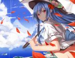  1girl blue_hair blue_sky bottomless clouds flower food fruit hair_flower hair_ornament hat hinanawi_tenshi island long_hair looking_at_viewer looking_back neropaso parasol peach petals red_eyes shirt short_sleeves sky smile solo touhou turning umbrella water 