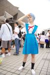  ayanami_rei blue_hair cosplay kanata_(model) neon_genesis_evangelion photo red_eyes school_uniform socks suspenders 
