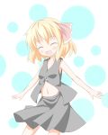  1girl ^_^ blonde_hair blush closed_eyes open_mouth outstretched_arms ribbon rumia shino_megumi short_hair simple_background skirt smile spread_arms touhou vest 