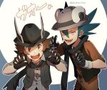  2boys artist_name bangs black_headwear black_vest brown_eyes brown_hair brown_shirt buttons claw_pose collared_shirt commentary_request gloves green_hair grey_eyes grey_headwear grimsley_(pokemon) hat hilbert_(pokemon) jewelry looking_at_viewer male_focus momoji_(lobolobo2010) multiple_boys necklace open_clothes open_mouth open_vest pokemon pokemon_(game) pokemon_bw pokemon_masters_ex shirt teeth tongue vest watermark 