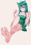  1girl absurdres animal_ears bangs bare_arms bare_legs bare_shoulders barefoot blush breasts cat_ears cat_girl collarbone commentary_request crossed_legs dress eyebrows_visible_through_hair eyelashes feet foreshortening frilled_dress frills greek_toe green_dress green_eyes green_hair hair_between_eyes hands_up highres invisible_chair long_hair looking_at_viewer medium_breasts oirin original parted_lips shiny shiny_hair sidelocks simple_background sitting sleeveless soles solo sundress tan_background toes 