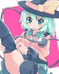  1girl aqua_eyes bangs black_headwear blouse blue_legwear blush bow breasts eyeball eyebrows_visible_through_hair feet_out_of_frame frilled_shirt_collar frills green_skirt hair_between_eyes hat hat_bow knee_up komeiji_koishi leg_up light_green_hair looking_at_viewer medium_hair parted_lips pink_background pleated_skirt simple_background sitting skirt small_breasts solo thigh-highs third_eye touhou two-tone_background white_background wide_sleeves yamase yellow_blouse yellow_bow 