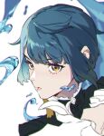  1boy bangs blue_hair close-up earrings eyebrows_visible_through_hair frilled_shirt_collar frills genshin_impact highres honlo jewelry looking_at_viewer male_focus open_mouth otoko_no_ko short_hair simple_background single_earring solo tassel tassel_earrings water white_background xingqiu_(genshin_impact) yellow_eyes 