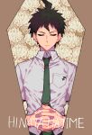  1boy absurdres breast_pocket character_name closed_eyes closed_mouth coffin collared_shirt commentary_request dangan_ronpa_(series) dangan_ronpa_2:_goodbye_despair facing_viewer floral_print flower green_neckwear grey_shirt hands_clasped highres hinata_hajime male_focus necktie own_hands_together pants pin pocket shirt short_sleeves sin11111 solo upper_body 