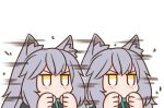  1girl afterimage animal_ear_fluff animal_ears arknights bangs black_shirt blush clenched_hands eyebrows_visible_through_hair grey_hair guin_guin lowres projekt_red_(arknights) shirt simple_background speed_lines upper_body v-shaped_eyebrows white_background yellow_eyes 