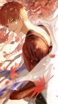  1boy autumn_leaves back blurry depth_of_field emiya_shirou fate/grand_order fate_(series) from_behind grin h2o_(user_fexn7448) highres leaf limited/zero_over looking_back male_focus orange_hair sengo_muramasa_(fate) smile solo tassel tree tree_shade twitter_username upper_body yellow_eyes 