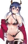  1girl arknights ass_visible_through_thighs azur_lane bangs bare_shoulders bikini black_bikini black_choker black_legwear blue_hair breasts ch&#039;en_(arknights) choker commentary_request cosplay cowboy_shot dragon_horns hair_between_eyes horns jacket large_breasts long_hair long_sleeves looking_at_viewer navel off_shoulder red_eyes red_jacket simple_background solo standing stomach swimsuit taihou_(azur_lane) taihou_(azur_lane)_(cosplay) thigh-highs thighs white_background yuzuruka_(bougainvillea) 