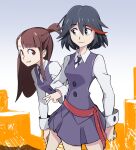  2girls black_hair brown_hair company_connection crossover highres kagari_atsuko kill_la_kill little_witch_academia luna_nova_school_uniform matoi_ryuuko multiple_girls school_uniform zele_(zele_yabenu) 