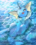  brown_eyes commentary_request fang gen_1_pokemon highres kikuyoshi_(tracco) lying no_humans on_back one_eye_closed open_mouth paws pokemon pokemon_(creature) signature smile toes tongue vaporeon water water_surface wet 