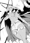  1girl amano_don bangs belt beltbra breasts cape clover dark_skin dark-skinned_female floating_swords four-leaf_clover greyscale guilty_gear guilty_gear_xrd highres large_breasts long_hair looking_at_viewer monochrome navel ramlethal_valentine short_shorts shorts thigh_strap thighs under_boob 