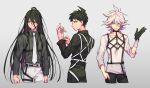  3boys absurdres ahoge alternate_costume arms_at_sides bangs black_hair black_shirt brown_eyes brown_gloves brown_hair brown_pants chest_harness closed_mouth collarbone collared_shirt commentary_request cropped_legs dangan_ronpa_(series) dangan_ronpa_2:_goodbye_despair eyebrows_visible_through_hair from_side gloves green_eyes grey_background grey_hair grey_neckwear hair_between_breasts hair_between_eyes hand_in_pocket hands_up harness highres hinata_hajime kamukura_izuru komaeda_nagito long_hair long_sleeves looking_at_viewer male_focus messy_hair multiple_boys nail_polish necktie o-ring pants red_eyes red_nails serious shirt short_hair sideways_glance simple_background sin11111 smile spiky_hair spoilers upper_body white_background white_shirt 