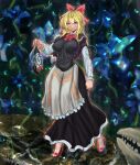 1girl apron bangs black_capelet black_dress blonde_hair blouse blue_eyes blue_flower bow bowtie breasts capelet closed_mouth commentary_request cookie_(touhou) dress eyebrows_visible_through_hair eyes_visible_through_hair floral_background flower frilled_apron frills full_body genderswap genderswap_(mtf) hair_between_eyes hair_bow hazuna_rio high_heels highres holding holding_mask impossible_clothes impossible_dress large_breasts long_hair long_sleeves looking_at_viewer mask poopdick red_bow red_footwear red_neckwear shanghai_doll smile solo standing touhou waist_apron white_apron white_blouse 