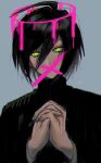  1boy bangs black_hair commentary_request covered_mouth cross dangan_ronpa_(series) dangan_ronpa_v3:_killing_harmony glowing glowing_eyes green_eyes grey_background hair_between_eyes halo hands_clasped hands_up joh_pierrot long_sleeves male_focus own_hands_together pink_blood saihara_shuuichi simple_background solo turtleneck upper_body yellow_eyes 