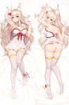  1girl animal_ear_fluff animal_ears bare_arms bare_back bare_shoulders bed bell blonde_hair blue_eyes bow breasts cat_ears cat_girl choker dakimakura_(medium) dress eyebrows_visible_through_hair feet full_body hair_bow highres large_breasts long_hair looking_at_viewer lying no_shoes original panties red_bow shoes skirt sramy thigh-highs underwear white_dress white_legwear white_panties white_skirt 