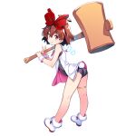  1girl arched_back ass bangs bow brown_hair bunny_tail carrying_over_shoulder dennou_tenshi_jibril eyebrows_visible_through_hair fake_tail full_body grin hair_bow holding huge_weapon kuuchuu_yousai mallet official_art red_eyes school_swimsuit short_hair smile solo swimsuit tail thigh_strap transparent_background two-handed weapon white_footwear 