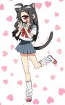  1girl :d absurdres ahoge animal_ears bangs black_hair blue_sailor_collar blue_skirt blush bow bowtie cat_ears cat_tail cyclops double_v full_body heart heart_background highres looking_at_viewer miniskirt muku-chan_(muroku) muroku_(aimichiyo0526) one-eyed open_mouth original parted_bangs pleated_skirt red_bow red_eyes red_neckwear sailor_collar school_uniform serafuku shirt shoes short_sleeves skirt smile socks solo standing standing_on_one_leg tail v white_legwear white_shirt 