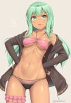  1girl armpits ass_visible_through_thighs bare_shoulders bikini black_bikini black_jacket breasts collarbone cowboy_shot dark_skin green_eyes green_hair grey_background groin halterneck hands_on_hips jacket leg_garter long_hair long_sleeves looking_at_viewer low_twintails medium_breasts mismatched_bikini navel off_shoulder open_clothes open_jacket open_mouth original pink_bikini sasaame simple_background solo standing stomach string_bikini swimsuit thighs twintails 