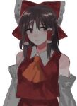  1girl ascot bare_shoulders bow brown_eyes brown_hair detached_sleeves expressionless eyebrows_visible_through_hair gotagotay hair_between_eyes hair_bow hair_tubes hakurei_reimu highres long_hair looking_to_the_side orange_neckwear parted_lips red_bow red_skirt red_vest sidelocks simple_background skirt skirt_set solo touhou upper_body vest white_background white_sleeves 