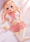  1girl absurdres astolfo_(fate) astolfo_(fate)_(cosplay) bangs bed_sheet blonde_hair blush breasts cosplay crop_top fate/grand_order fate/kaleid_liner_prisma_illya fate_(series) hair_between_eyes highres illyasviel_von_einzbern long_hair looking_at_viewer lying magical_ruby midriff neckerchief on_back open_mouth pillow pink_neckwear pink_sailor_collar pink_skirt red_eyes sailor_collar school_uniform serafuku shirt short_sleeves sidelocks skirt small_breasts smile takio_(kani_sama) thigh-highs thighs white_legwear white_shirt 