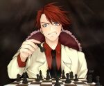  1boy bishop_(chess) black_neckwear blue_eyes board_game chess chess_piece chessboard dzwartsy formal king_(chess) knight_(chess) pawn queen_(chess) red_shirt redhead rook_(chess) shirt solo suit umineko_no_naku_koro_ni ushiromiya_battler vest 