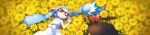 alternate_color bare_arms brown_eyes closed_mouth dress eye_contact flower from_above gardevoir gen_3_pokemon holding inkling kikuyoshi_(tracco) long_image looking_at_another lying mega_gardevoir mega_pokemon nintendo on_back outstretched_arm pokemon pokemon_(creature) red_eyes shiny_pokemon smile splatoon_(series) string white_dress wide_image yellow_flower