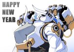  2021 absurdres blue_eyes chinese_zodiac extra_eyes happy_new_year highres horns korean_commentary looking_up mecha new_year no_humans nose_piercing nose_ring original piercing science_fiction solo tajyador upper_body year_of_the_ox 