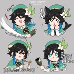  ! 1boy anger_vein animal_ears bangs black_hair blue_eyes blue_hair bottle braid broken broken_bottle cape cat_boy cat_ears cat_tail closed_eyes disgust english_text eyebrows_visible_through_hair flower frilled_sleeves frills genshin_impact gradient_hair green_headwear grey_background hair_flower hair_ornament hat highres holding holding_instrument instrument leaf long_hair long_sleeves looking_at_viewer lyre male_focus multicolored_hair open_mouth otoko_no_ko sashacall simple_background smile solo tail tearing_up twin_braids venti_(genshin_impact) white_flower 