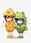  2boys bag bangs black_hair blue_hair blush braid brown_hair child closed_mouth crocs floral_print flower genshin_impact gradient_hair green_eyes green_headwear hair_between_eyes hat highres holding holding_clothes holding_hat long_hair long_sleeves looking_at_viewer male_focus misu_025 multicolored_hair multiple_boys open_mouth otoko_no_ko shoes simple_background smile socks twin_braids venti_(genshin_impact) white_background yellow_eyes younger zhongli_(genshin_impact) 