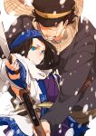  1boy 1girl absurdres ainu ainu_clothes arisaka asirpa bandana black_coat black_hair black_headwear blue_bandana blue_eyes bolt_action brown_eyes brown_scarf cape closed_mouth coat commentary_request dated ear_piercing earrings fur_cape golden_kamuy gun hat highres holding holding_gun holding_knife holding_weapon hoop_earrings ikuya225 imperial_japanese_army jewelry kepi knife long_hair long_sleeves looking_at_viewer military military_hat military_uniform parted_lips piercing pouch rifle scar scar_on_cheek scar_on_face scar_on_mouth scar_on_nose scarf short_hair signature simple_background smile spiky_hair star_(symbol) sugimoto_saichi teeth two-tone_headwear uniform upper_body weapon white_background white_cape yellow_headwear 