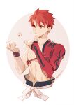  1boy bangs cropped_torso eating emiya_shirou fate/grand_order fate_(series) food highres igote limited/zero_over looking_to_the_side onigiri orange_eyes redhead rice sengo_muramasa_(fate) shirtless simple_background taa_(acid) twitter_username upper_body white_background wristband 