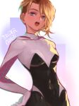  1girl asymmetrical_hair blonde_hair blue_eyes buck_teeth character_name covered_navel eyebrow_piercing gwen_stacy hand_on_hip highres hood hood_down hooded_bodysuit marvel open_mouth piercing sidecut solo spider-gwen spider-man:_into_the_spider-verse spider-man_(series) spider_web_print superhero sushi_pizza_rrr 