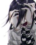  1boy bangs black_hair checkered checkered_scarf commentary_request dangan_ronpa_(series) dangan_ronpa_v3:_killing_harmony grey_jacket hair_between_eyes hands hands_on_own_face jacket joh_pierrot long_sleeves looking_at_viewer male_focus medium_hair open_mouth ouma_kokichi scarf shiny shiny_hair signature simple_background solo straitjacket tears teeth upper_body white_background 