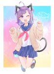  ahoge animal_ears cat_ears cat_tail check_(check_book) commentary_request fang full_body hanayori_jyoshiryou jacket jumping kohigashi_hitona long_sleeves looking_at_viewer one_eye_closed open_mouth purple_hair school_uniform short_hair tail violet_eyes virtual_youtuber 