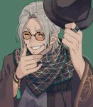 1boy arurandis facial_hair glasses goatee grey_hair highres holding holostars looking_at_viewer male_focus one_eye_closed open_mouth rozu_ki scarf short_hair smile solo virtual_youtuber 