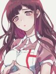  1girl :o amido_(compassion273) apron bangs blunt_bangs blush breasts commentary_request dangan_ronpa_(series) dangan_ronpa_2:_goodbye_despair fingers_together hands_up highres long_hair looking_at_viewer medium_breasts mole mole_under_eye nurse open_mouth pink_eyes pink_shirt puffy_short_sleeves puffy_sleeves shiny shiny_hair shirt short_sleeves solo tsumiki_mikan upper_body white_apron 
