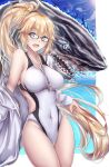  1girl black-framed_eyewear blonde_hair blue_eyes blue_sky clouds commentary_request competition_swimsuit covered_navel cowboy_shot day fate/grand_order fate_(series) glasses highres jacket jeanne_d&#039;arc_(fate)_(all) jeanne_d&#039;arc_(swimsuit_archer) light_rays long_hair one-piece_swimsuit outdoors ponytail shark sky sun sunbeam sunlight swimsuit user_ramf2222 whistle whistle_around_neck white_jacket white_swimsuit 