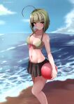  1girl absurdres ahoge ball beach beachball bikini black_skirt blue_sky bob_cut clouds collarbone commentary_request cowboy_shot day green_bikini green_hair groin highres inverted_bob kantai_collection looking_at_viewer multicolored_hair navel numarinko orange_eyes outdoors pleated_skirt purple_hair short_hair skirt sky solo standing streaked_hair swimsuit take_(kantai_collection) 