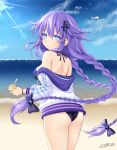  1girl absurdres ass bikini bird black_bikini blue_eyes blush braid breasts day hair_between_eyes hair_ornament highres hood hood_down hooded_jacket jacket long_hair looking_at_viewer medium_breasts neptune_(series) outdoors power_symbol purple_hair purple_heart seagull solo swimsuit symbol-shaped_pupils twin_braids twintails very_long_hair wet 