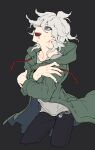  1boy absurdres arched_back bangs black_background black_pants blue_eyes chain coat collarbone commentary_request contrapposto crazy_eyes cropped_legs crossed_arms dangan_ronpa_(series) dangan_ronpa_2:_goodbye_despair green_coat grey_hair grey_shirt hair_between_eyes hands_on_own_arms highres hood komaeda_nagito long_sleeves looking_up male_focus medium_hair messy_hair open_clothes open_mouth pants saliva shirt simple_background sin11111 skull_ornament solo 
