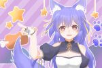  .live 1girl animal_ears breasts commentary_request fang fingerless_gloves food gloves hair_ornament highres kin0_0z long_hair looking_at_viewer meat open_mouth purple_hair rurun_rururica solo star_(symbol) tail virtual_youtuber wolf_ears wolf_tail 