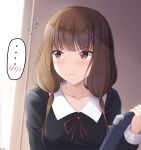  ... 1girl bangs black_dress blush brown_eyes brown_hair clipboard closed_mouth collared_dress commentary_request commission dress eyebrows_visible_through_hair flying_sweatdrops hair_over_shoulder hand_up highres holding iino_miko kaguya-sama_wa_kokurasetai_~tensai-tachi_no_renai_zunousen~ keenh long_hair looking_away looking_to_the_side low_twintails neck_ribbon red_ribbon ribbon school_uniform solo spoken_blush spoken_ellipsis twintails wavy_mouth 