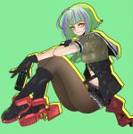 1girl anno88888 bangs black_gloves black_legwear bob_cut boots can closed_mouth cutoffs denim denim_shorts eyebrows_visible_through_hair gloves green_background green_hair green_neckwear highres holding holding_can inverted_bob kantai_collection monster_energy multicolored_hair neckerchief pantyhose purple_hair rudder_footwear sailor_collar short_hair short_shorts short_sleeves shorts simple_background sitting solo streaked_hair take_(kantai_collection) yellow_eyes 