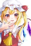  1girl :d bangs blonde_hair collarbone eyebrows_visible_through_hair fang flandre_scarlet hair_between_eyes hat hat_ribbon highres long_hair looking_at_viewer nonemu open_mouth pointy_ears red_eyes red_ribbon red_shirt ribbon shirt short_sleeves side_ponytail simple_background smile solo touhou upper_body white_background white_headwear white_sleeves wings yellow_neckwear 