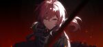  1boy amenohi bangs black_jacket black_neckwear closed_mouth diluc_(genshin_impact) genshin_impact hair_between_eyes highres jacket long_hair looking_at_viewer male_focus necktie ponytail red_background red_eyes redhead solo upper_body 