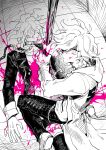  2boys absurdres bangs blood blood_on_face bloody_clothes bloody_hands boy_on_top chain coat collar collarbone commentary_request dangan_ronpa_(series) dangan_ronpa_2:_goodbye_despair dangan_ronpa_another_episode:_ultra_despair_girls death dual_persona hair_over_one_eye highres holding hood hood_down hooded_coat impaled kneeling komaeda_nagito looking_at_viewer lying male_focus metal_collar multiple_boys on_back pants pink_blood polearm shirt shoes sin11111 spear spot_color straddling striped striped_shirt tile_floor tiles weapon 