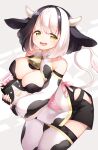  1girl :d animal_ears animal_print bangs bare_shoulders bell black_gloves black_hair breasts cleavage_cutout clothing_cutout commentary cow_ears cow_girl cow_horns cow_print cow_tail cowbell eyebrows_visible_through_hair fingerless_gloves gloves highres hip_vent horns kito_(sorahate) large_breasts looking_at_viewer multicolored_hair open_mouth original print_legwear short_eyebrows short_hair simple_background smile solo tail thick_eyebrows thigh-highs two-tone_hair white_hair yellow_eyes 