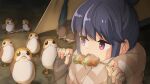  1girl black_gloves blue_hair camping commentary_request crossover eating fingerless_gloves food gloves holding_skewer kebab long_hair night open_mouth porg scarf shima_rin skewer star_wars sweatdrop tent violet_eyes yamaguchi_yoshimi yurucamp 