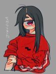  1girl bangs black_hair closed_mouth cyclops grey_background highres long_hair long_sleeves looking_at_viewer muku-chan_(muroku) muroku_(aimichiyo0526) one-eyed original parted_bangs red_eyes red_sweater simple_background sketch sleeves_pushed_up solo sweater translation_request upper_body x_x 