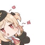  1girl blonde_hair blush chibi commentary_request girls_frontline hair_ribbon hands_on_own_cheeks hands_on_own_face hat jingo korean_commentary mp40_(girls_frontline) official_alternate_costume red_eyes ribbon solo triangle_mouth twintails white_background younger 
