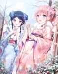  2girls :d a20_(atsumaru) bangs blue_eyes blue_flower blue_hair blue_kimono blush braid braided_bangs chestnut_mouth commentary_request day double_bun eyebrows_visible_through_hair flower fur_collar hair_flower hair_ornament highres japanese_clothes kimono long_hair long_sleeves looking_at_viewer multiple_girls obi omikuji open_mouth original outdoors pink_flower pink_hair pink_kimono pink_rose rose sash smile violet_eyes wide_sleeves 